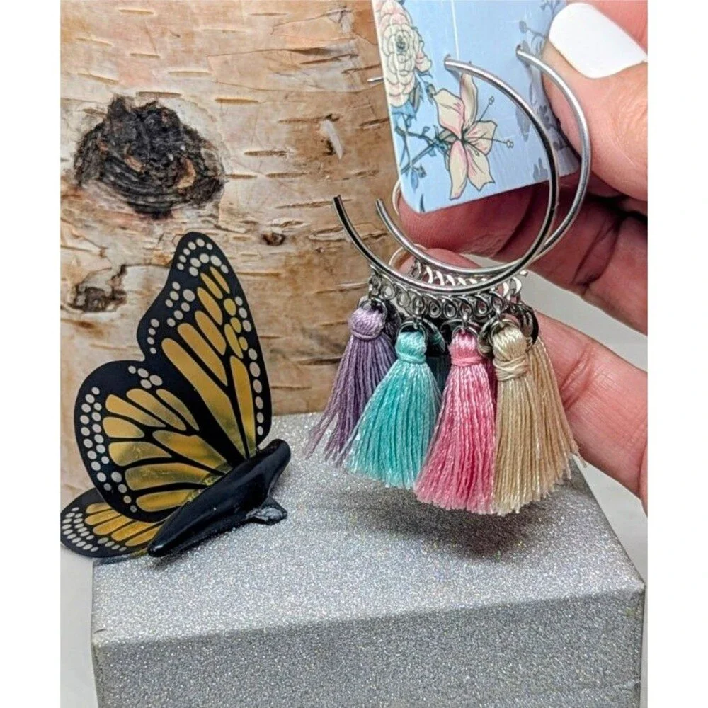 Kinsley Armelle Multi Colored Tassels Silver Metal Hoops Pierced Earrings